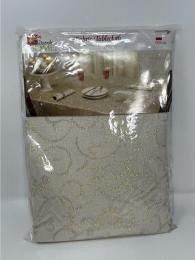 December Home Fabric Tablecloth Oblong 60x102 NOS Ivory Gold Silver Scroll